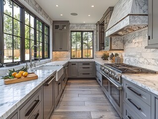 Obraz premium Modern kitchen interior with gray cabinets marble countertops and large windows.