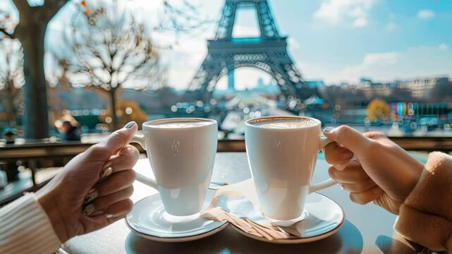 hands holding coffee on the background of the Eiffel Tower. Selective focus