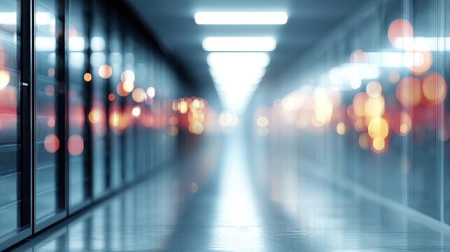 Blurred corridor of data center with blue bokeh lighting Technology environment for servers