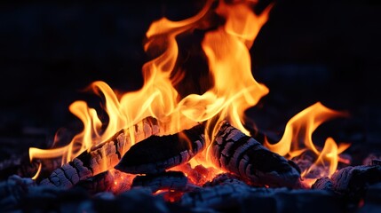 A captivating image of a crackling fire, illuminating the dark surroundings with warm orange and yellow flames, ideal for cozy atmospheres.