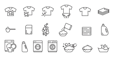 Laundry service line icons set isolated on transparent background. Dryer, washing machine and dirty shirt. Lingerie line icons. Self-service laundry, hand washing, laundry service, linear set.