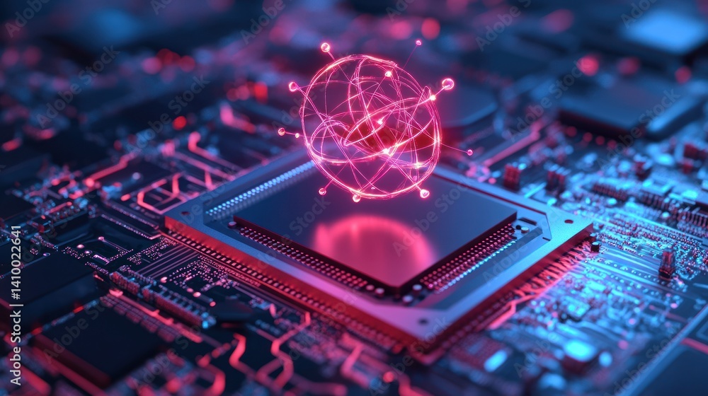 Aufkleber a close-up of a computer chip with vibrant neon colors and a glowing atomic symbol representing adva