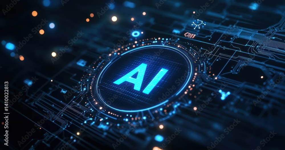 Poster a close-up view of a digital circuit board featuring an illuminated ai symbol, representing advanced