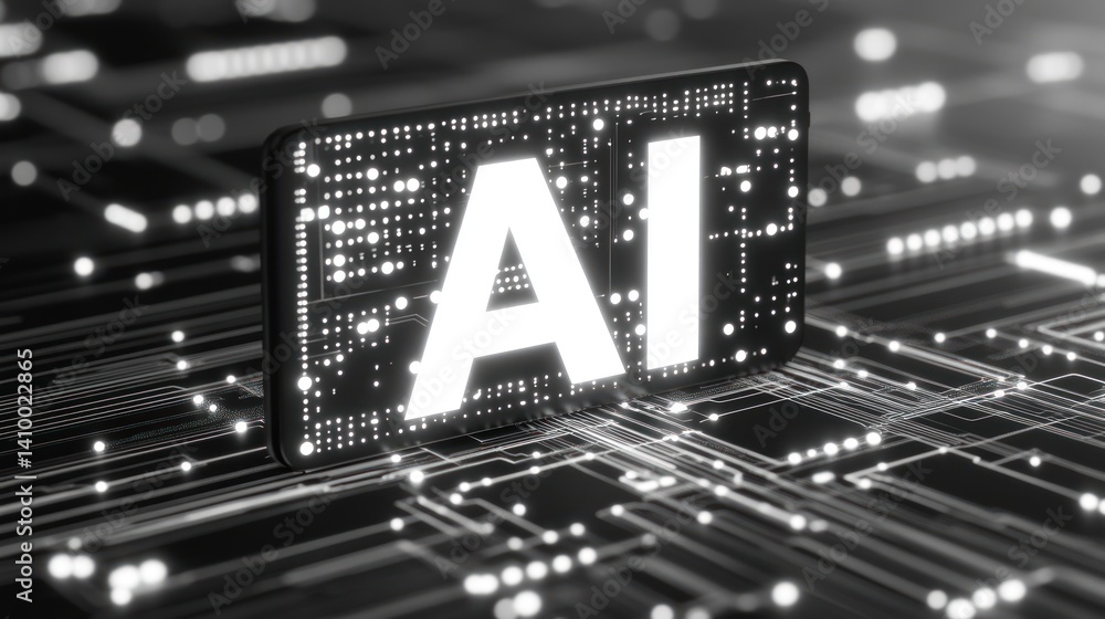 Poster a close-up view of a glowing ai sign, depicting the future of artificial intelligence in a digital l