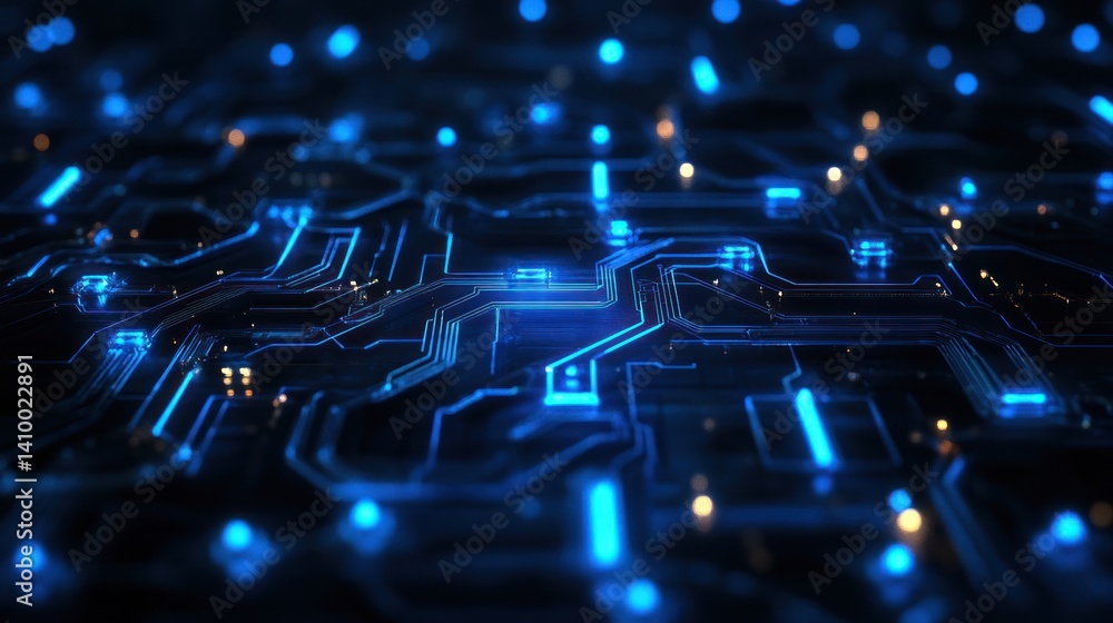 Aufkleber a close-up view of a modern circuit board with luminous blue lights and intricate pathways, illustra