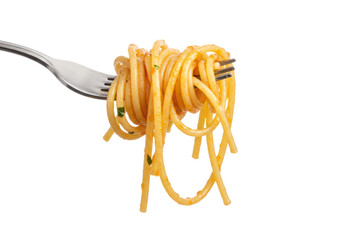 Forkful of pasta isolated on white background