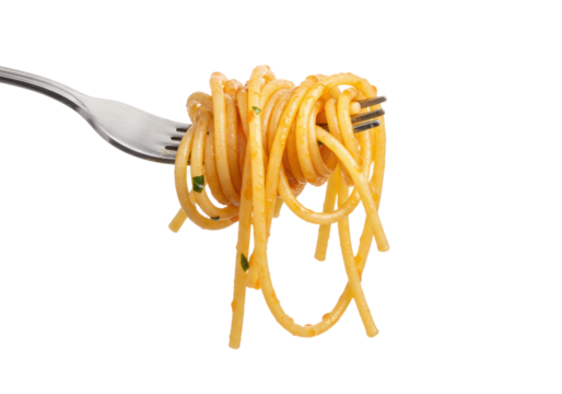 Forkful of pasta isolated on white background