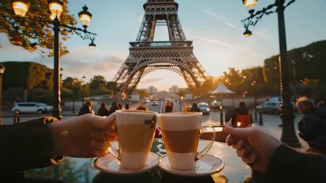 hands holding coffee on the background of the Eiffel Tower. Selective focus