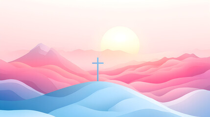 A cross on a hill with sunrise in pastel colors peaceful and uplifting religious artwork for Sunday school design blogs and digital Christian campaigns
