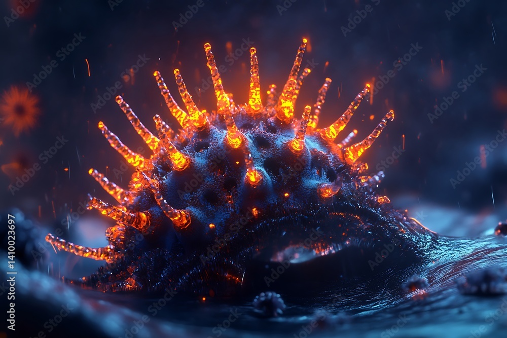 Poster 3d visualization of a virus, with its capsid spikes and rna strands glowing, creating a captivating 