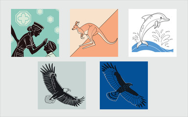 Vector illustration icon set of women in different poses and situations