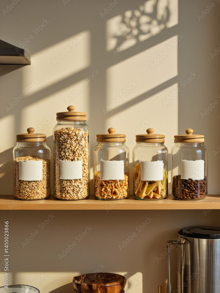 Poster everyday objects - for downstream advertisement and design: sunlight streams across a shelf displayi