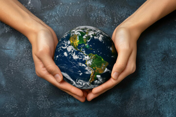 Two hands gently hold a realistic miniature earth against a textured blue background