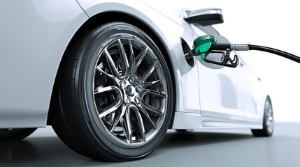 Car wheel with fuel nozzle on white background Refueling and oil pump concept Automotive industry and fuel economy in transportation