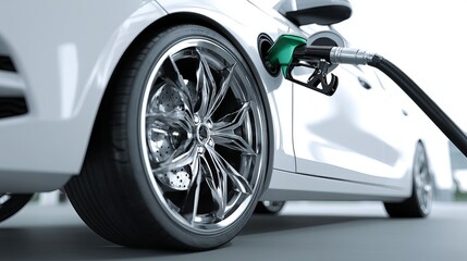 Car wheel with fuel nozzle on white background Refueling and oil pump concept Automotive industry and fuel economy in transportation