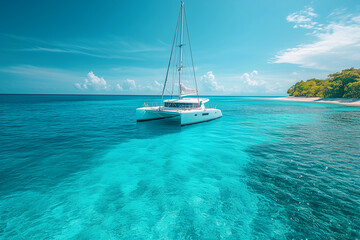 a boat is floating in the water near a beach with palm trees and a rocky shore with a small island in the distance