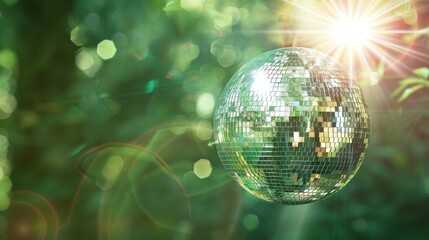 A dazzling disco ball reflects light in a vibrant green setting, perfect for parties, events, and celebrations.
