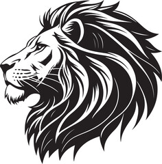 Obraz premium Majestic Lion Portrait: A striking black and white illustration of a regal lion's head, capturing its powerful presence and commanding gaze.