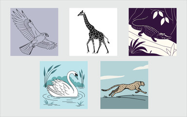 Vintage vector illustration set of wild animals