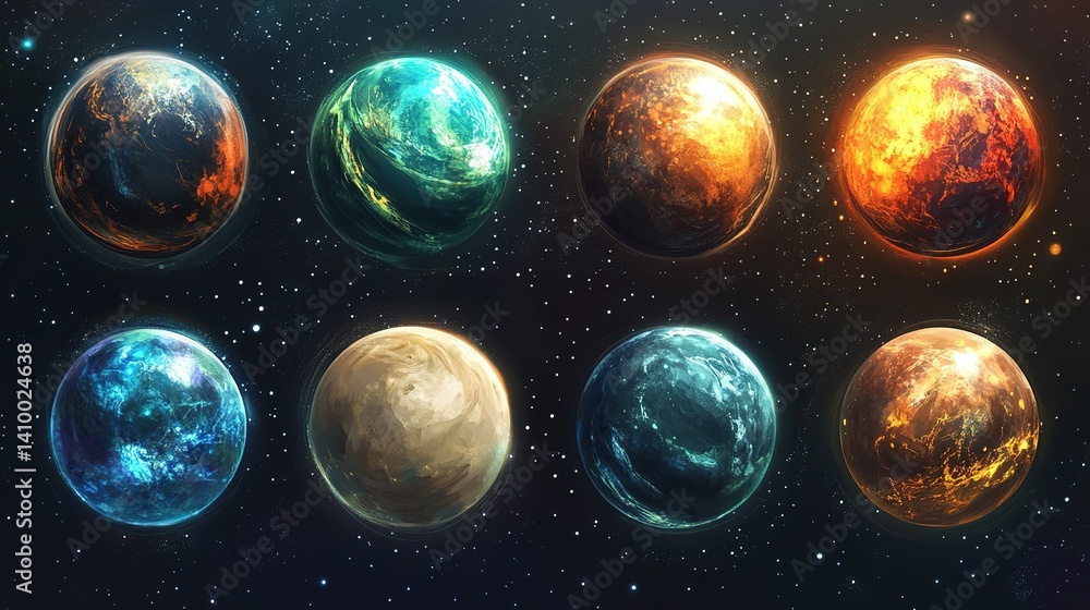Poster cosmic exploration of diverse planets outer space digital art galactic environment high-resolution v