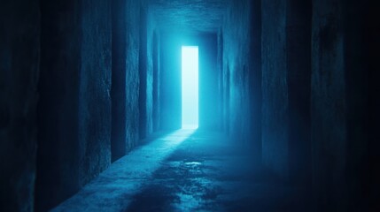 Obraz premium A dimly lit corridor with a glowing blue door at the end, evoking feelings of mystery and introspection.