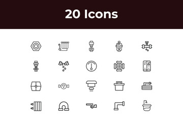 Plumbing and Heating Icons set. Vector illustration in modern thin line style of house engineering related icons: pipes, boilers, tools, and more.