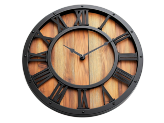 Metal and wood wall clock with minimalist design and silent mechanism, isolated on white background