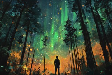 A lone figure stands in awe beneath a vibrant, celestial aurora borealis illuminating a mystical forest