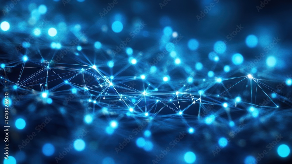 Poster a dynamic blue digital network visualization featuring interconnected nodes and lines, symbolizing d