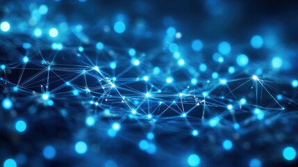 A dynamic blue digital network visualization featuring interconnected nodes and lines, symbolizing data flow and technology.