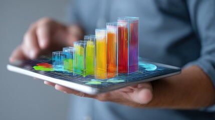 Analyzing Business Growth Data with a Colorful 3D Bar Chart on Tablet