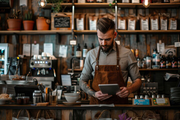 Smiling barista with tablet in cozy coffee shop