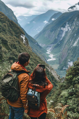Fototapeta premium Back view of a couple in hiking gear admiring a breathtaking mountainous landscape