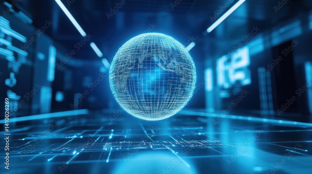 Poster a futuristic digital globe floating in a high-tech environment, symbolizing global connectivity and 