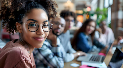 A young woman with glasses smiles at the camera while working with a diverse group of colleagues .