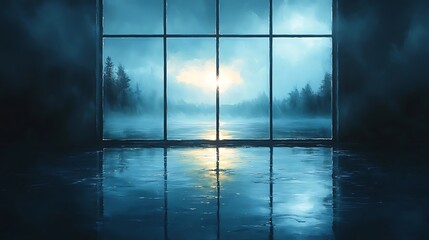 Fototapeta premium Misty forest vista reflected in a dark interior.