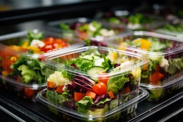 ready to eat vegetable salads in plastic boxes sold in a fridge