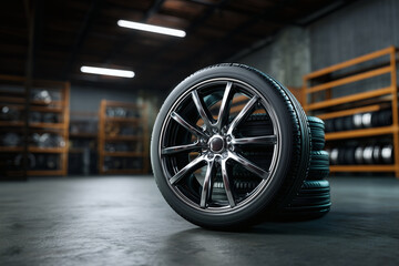 Car tire on a rim in a workshop. Auto service concept. Pile of new tires on a concrete floor.