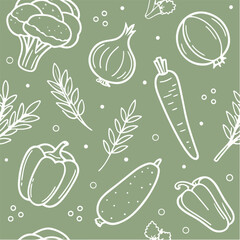 Seamless Vegetable Pattern – Hand-Drawn White Outline Veggies on Green Background for Kitchen & Eco Design