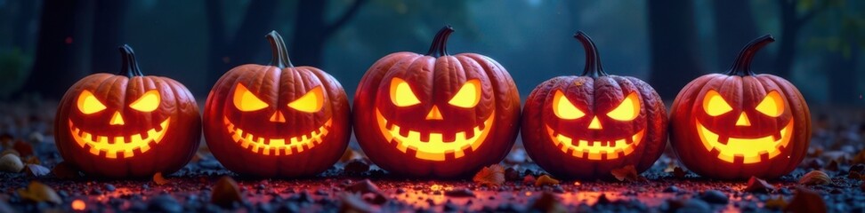 Obraz premium Colorful pumpkins with spooky fonts on a dark background, pumpkin, autumn