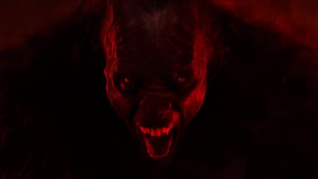 Fiery demon emerges: intense creature roaring amidst flames in dramatic scene