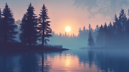 Fototapeta premium Serene Lake Scene with Forest Silhouettes and Soft Sunset Reflection