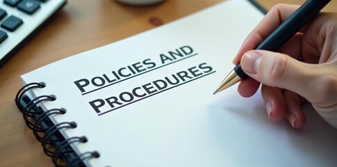 Policies and procedures document on notepad with pen, regulations, office