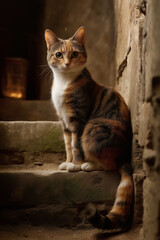 Obraz premium Calico Cat Portrait: A captivating feline with mesmerizing eyes strikes a pose in a dimly lit setting.
