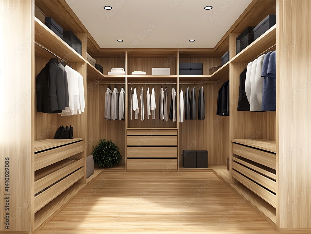 Poster a 3d rendering of a minimal wood walk-in closet, complete with a scandinavian-inspired wardrobe desi
