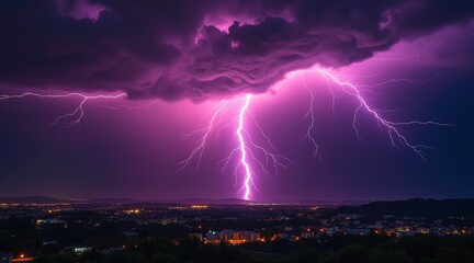 Dramatic lightning illuminates a cityscape under dark clouds.