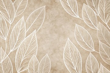 Elegant Beige Background with White Tropical Leaves Pattern