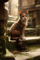 Calico cat sits attentively on mossy stone steps, sunlight highlighting fur