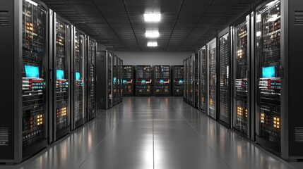 Operational server racks in modern data center 3D rendering of telecom and cooling system