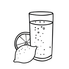 Lemonade Glass with Lemon Fruit. Summer refreshment beverage illustration isolated on a white background. Black and white outline drawing in Doodle style. For restaurant menus and graphic design